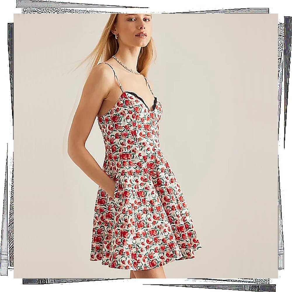 NWT: Red & White Floral Sweetheart Neckline w Lace Trim Dress (S) by Maeve - Picture 5 of 9